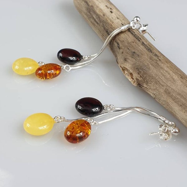 Baltic Amber Earrings, Long Sterling Silver, Handmade Elegant Dangle