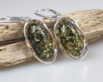 Boucle d'oreille Ambre vert et Argent 925/1000