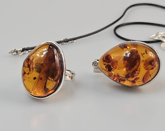 Baltic Amber Sterling Silver Ring and Pendant Set - Teardrop Jewelry