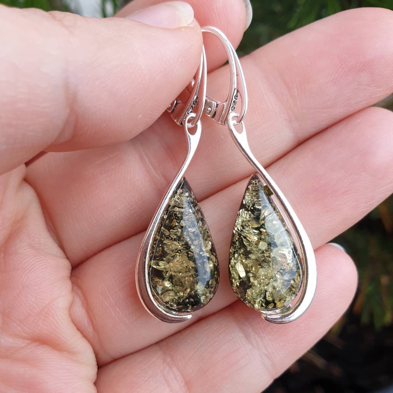 Orecchini A Goccia In Ambra Verde Naturale Dei Caraibi, Argento Sterling 925 Placcato Oro, 45mm - Eleganti E Unici