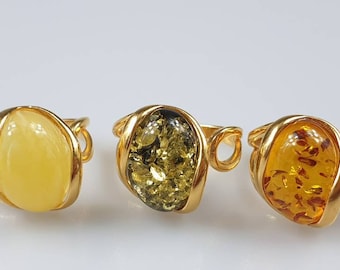 Baltic Amber Ring: Gold Plated Adjustable Statement Ring