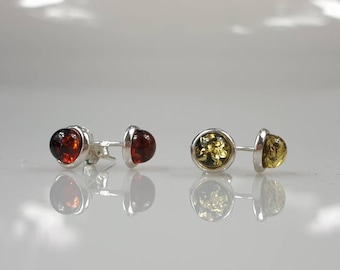 Small minimalistic earrings. Baltic amber stud in earrings. Brown green earring, Small Christmas gift, Green Amber Earring, Round posts