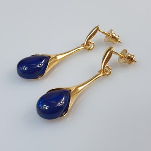 Blue Amber earrings Gold plated Sterling silver 925 earring Blau Bernstein Ohrringe Amber and silver. Pendiente de ambra. Long luxury unique