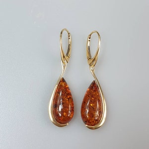 Teardrop Earings, Cognac amber earrings. Certificated Baltic Amber earrings, gold sterling silver 925 earrings, kehribar, amber jewelry.