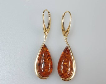 Teardrop Earings, Cognac amber earrings. Certificated Baltic Amber earrings, gold sterling silver 925 earrings, kehribar, amber jewelry.