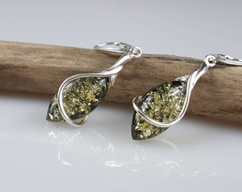 Green Baltic Amber Earrings: Sterling Silver 925, Elegant Minimalist Style