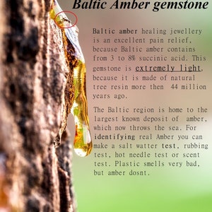 May include: A close-up of a piece of amber, a fossilized tree resin, dripping from a tree branch. The text describes Baltic amber as a healing gemstone and explains how to identify real amber.