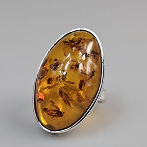 Orange Amber Ring, Big Sterling silver ring, huge massive US 8 size ring