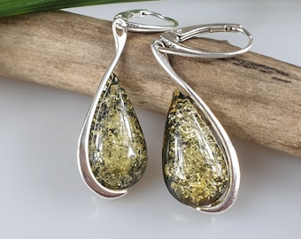 Green Amber earrings Sterling Silver 925 Earrings Big Teardrop Earrings Bernstein Ohrringe Long Stunning Green Amber Dangle And Drop Earring