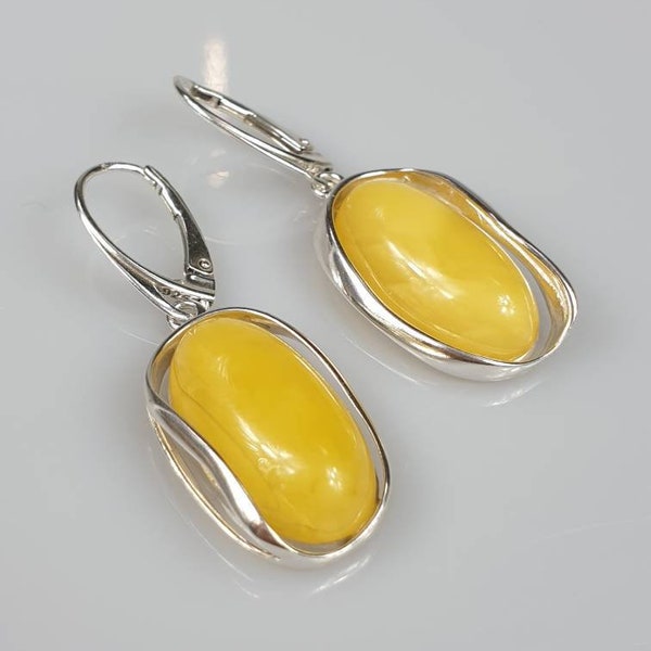 Big white amber earrings. Hanging butterscotch Baltic Amber earings. Modern massive milky amber jewelry. Handmade gift for mother.