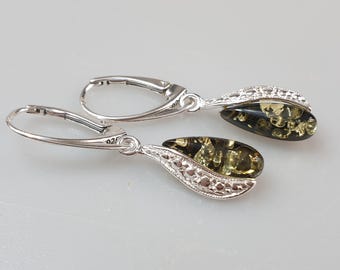 Hanging rare Green Baltic Amber Earrings, Sterling Silver Lever Back, Elegant Stone