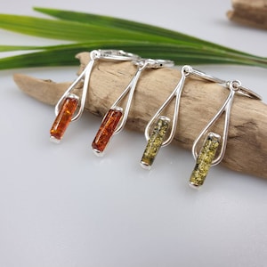 Baltic Amber Earrings, Sterling Silver Dangle, Green & Honey Amber modern