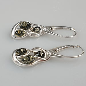 Green Baltic Amber Earrings: Handmade Sterling Silver Dangle Earrings