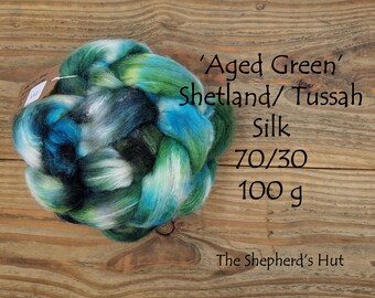 Shetland / Tussah Silk hand dyed braid in 'Aged Green' 100 g  3.5 oz