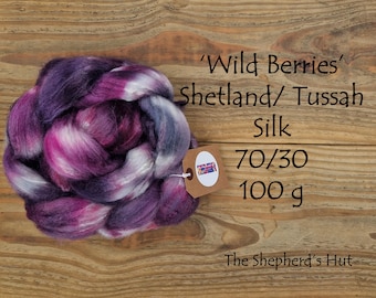 Shetland / Tussah Silk hand dyed braid in 'Wild Berries' 100 g  3.5 oz