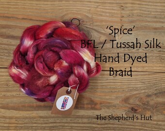 BFL /Tussah Silk 70/30 hand dyed braid 'Spice' 100 g