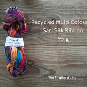 Multi Coloured Recycled Indian Sari Silk Ribbon for art knitting, crochet, or weaving 95 g. Mixed colours.