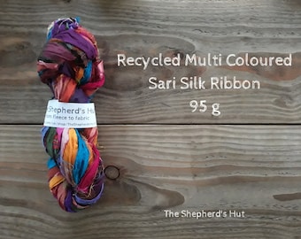 Multi Coloured Recycled Indian Sari Silk Ribbon for art knitting, crochet, or weaving 95 g. Mixed colours.