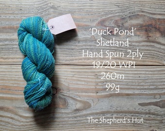 Hand Spun Shetland 'Duck Pond'  2 ply Yarn 260mtrs 99g.