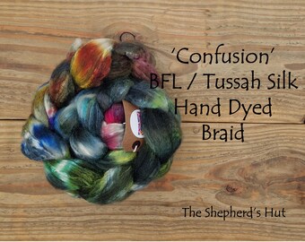 BFL /Tussah Silk 70/30 hand dyed braid 'Confusion 100 g