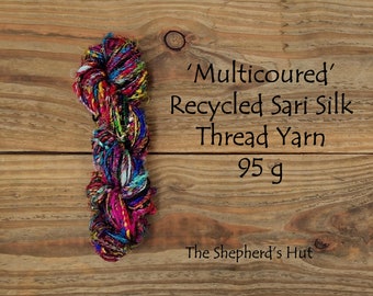 Multi Coloured Recycled Indian Sari Silk Thread Yarn for art knitting, crochet, or weaving 95 g. Mixed colours.