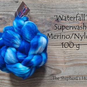 Superwash Merino/ Nylon hand dyed braid . 'Waterfall'. 100 g