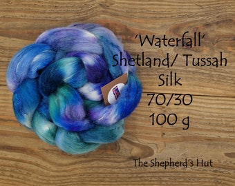 Shetland / Tussah Silk hand dyed braid in 'Waterfall' 100 g  3.5 oz