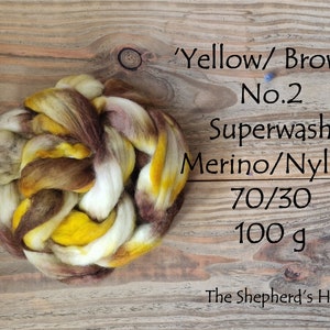 Superwash Merino/ Nylon hand dyed braid . Yellow/Brown. No. 2 100 g