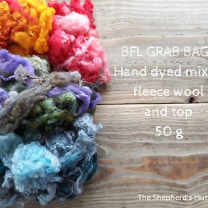 BFL Grab Bags 50g mixed hand dyed fleece wool and top for spinning and fibre craft. Various colours available.