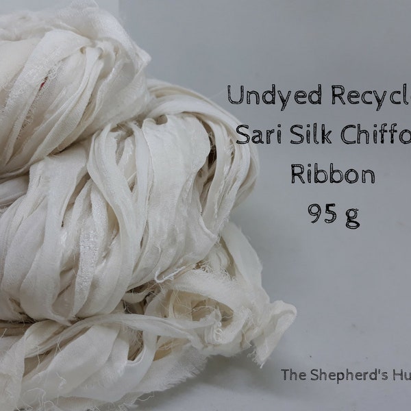 Undyed Recycled Indian Sari Silk Chiffon Ribbon for art knitting, crochet, or weaving 95 g. White/Ecru.