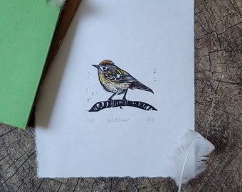 Bird print, Goldcrest original lino cut print