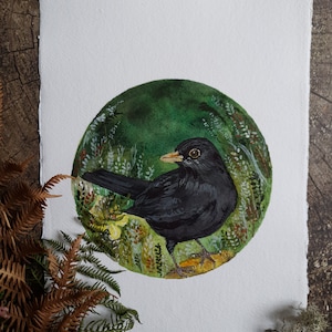 Blackbird painting, blackbird art print, woodland art, bird painting,  nature lover