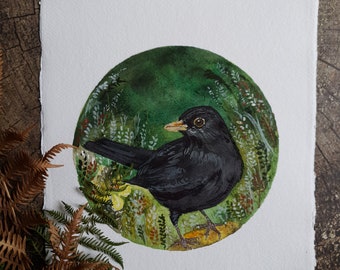 Blackbird painting, blackbird art print, woodland art, bird painting,  nature lover