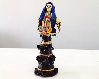 Dia de Los Muertos Tall 12.5&quot; Day of the Dead La Catrina with Flowers Papier Mache La Catrina Figurine Mexican Folk Mache Paper Handmade