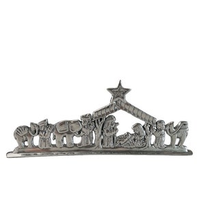 Metal Nativity Scene Sign - Nacimiento en Metal - Christmas Decoration - 6.5”Hx17”W - Pewter Nativity Scene