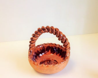 Mexican Clay Hand Crafted and Hand Painted Basket Mexican Partially Glazed Baked Red Clay Decorative Basket / Table Ornament