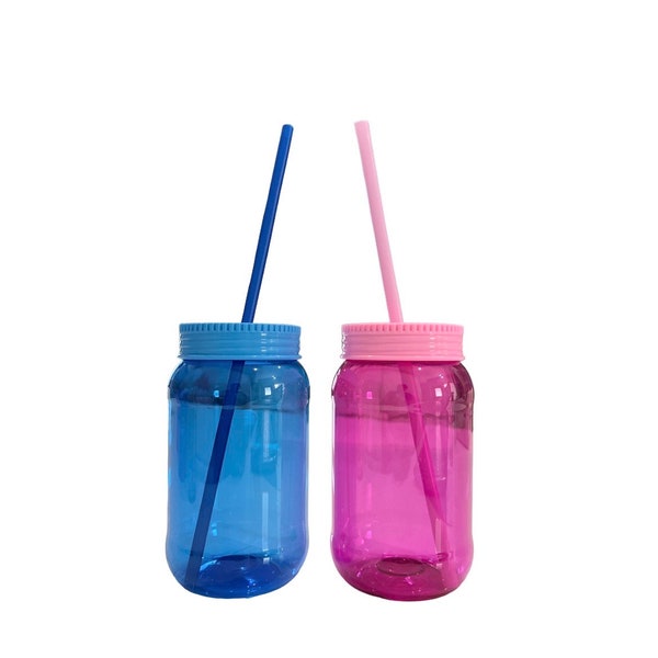 Barbie and Ken Inspired Party Cup - Clear Reusable Bottle - 16 ounces - Set of Cups - Pink and Blue - Cup with matching Lid and Straw