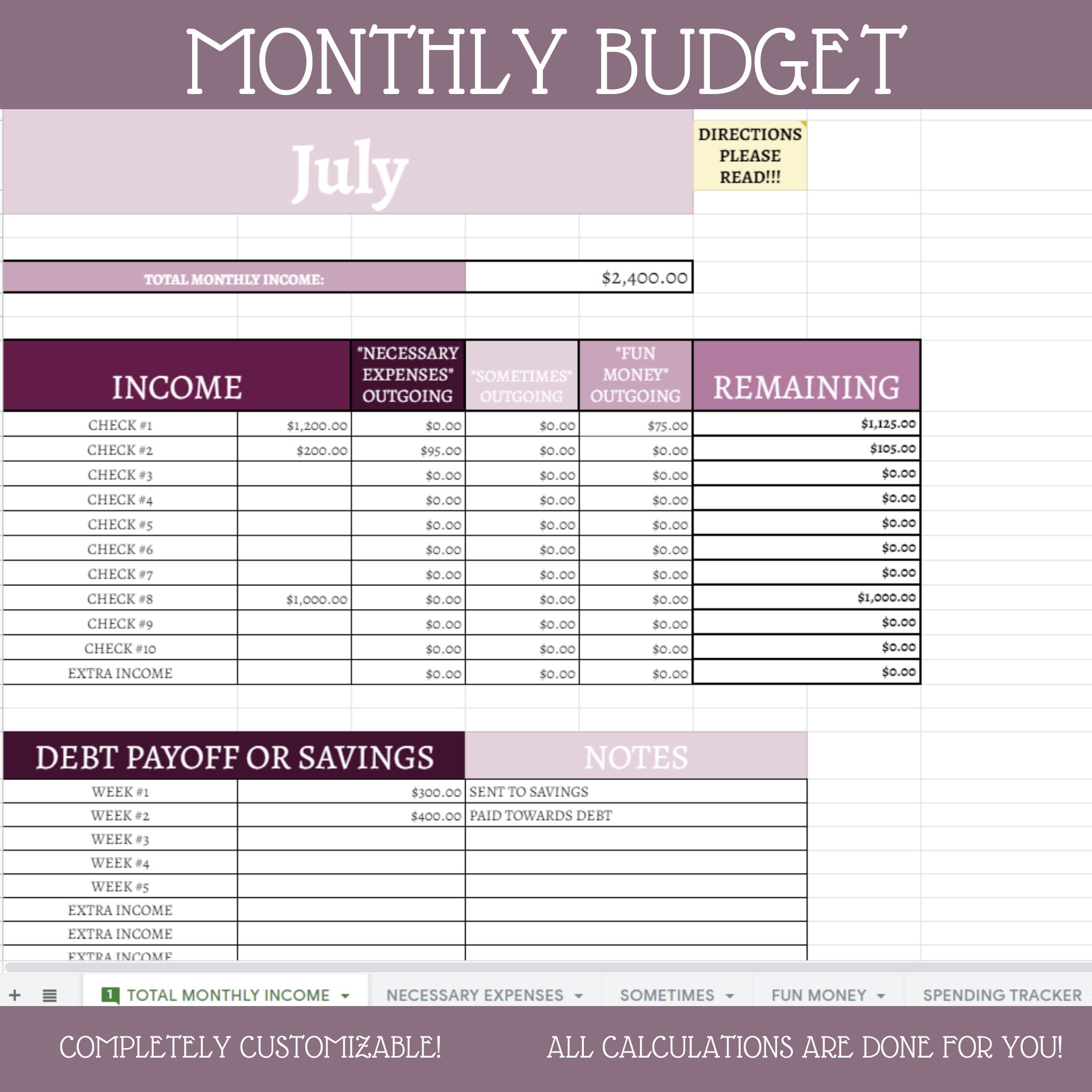 Monthly Budget Spreadsheet Google Sheets Instant Download Etsy