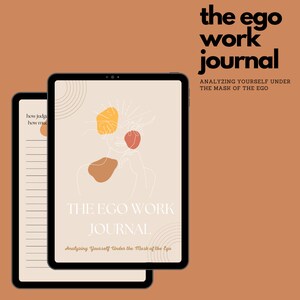 Könnte beinhalten: Ein digitales Journal-Cover mit minimalistischem Design, das eine Linienzeichnung einer Person mit abstrakten Formen in Gelb, Orange und Rot zeigt. Der Text "The Ego Work Journal" und "Analyzing Yourself Under the Mask of the Ego" ist auf dem Cover abgebildet.