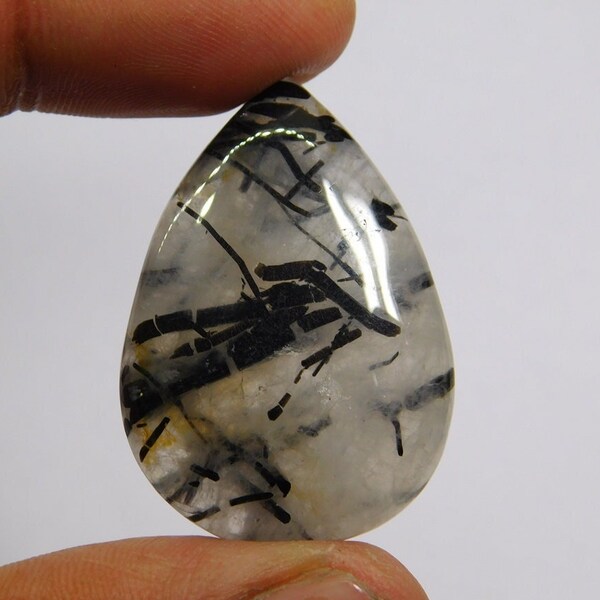 Top Quality Natural Black Tourmalinated Quartz cabochon Tourmalinated Quartz Loose Gemstone Black rutilated for Jewelry Stone 97 Cts. N-3289