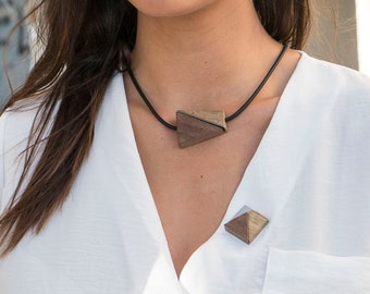 Geometric Wooden Modern Statement Puzzle Square Brooch Pin.