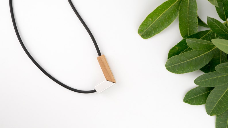 V and Bar shapes in one modular necklace, long modern look, made of Cherry wood and aluminium, one of a kind gift. image 6