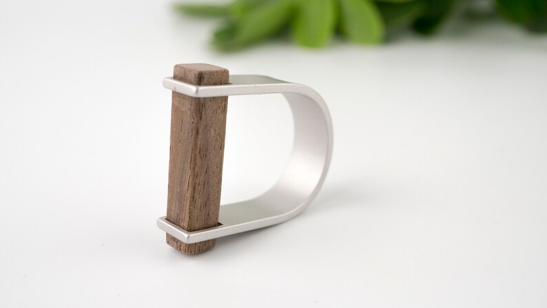 Contemporary fashion Walnut wooden bar ring, made of walnut wood and an aluminium band, unisex fashion. image 2