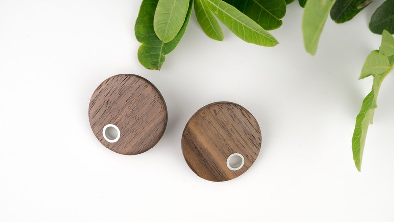 Big boho round disc dark walnut wood earrings. image 3