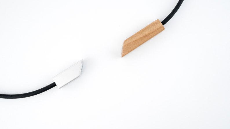 V and Bar shapes in one modular necklace, long modern look, made of Cherry wood and aluminium, one of a kind gift. image 7