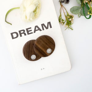 Big boho round disc dark walnut wood earrings. image 4