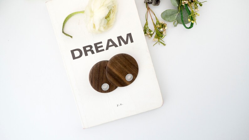 Big boho round disc dark walnut wood earrings. image 4