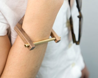 Stylish gold and wood modern hexagon shaped bangle/cuff. Gift for mom.