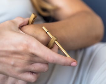 Gold wood geometrical hexagon shaped bangle / cuff, perfect anniversary gift.