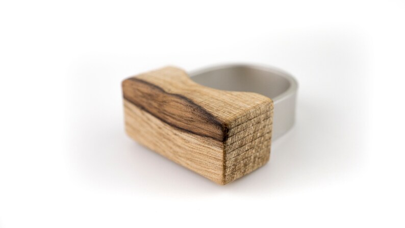 Large modern wooden summer ring, Made of African walnut wood and hypo allergenic anodized aluminium. image 2